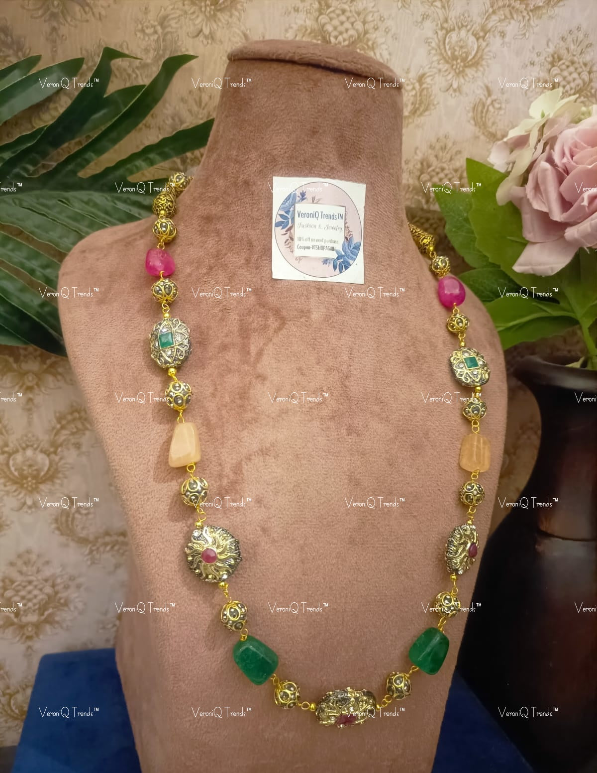 VeroniQ Trends-Traditional Jaipuri Mala Style Victorian Beads Long Necklace-Gold Plated-Wedding Jewellery-Punjabi Jewellery-South Indian-Thappa Jewellery