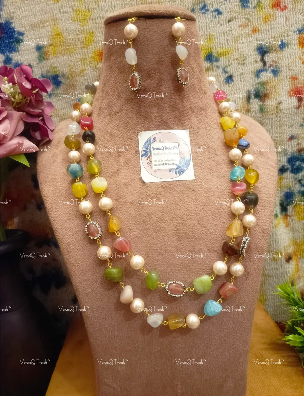 VeroniQ Trends-Traditional Double Layer Natural Stone Beads With Victorian Beads Jaipuri Long Mala Necklace-Gold Plated-Wedding Jewellery-Punjabi Jewellery-South Indian-Thappa Jewellery