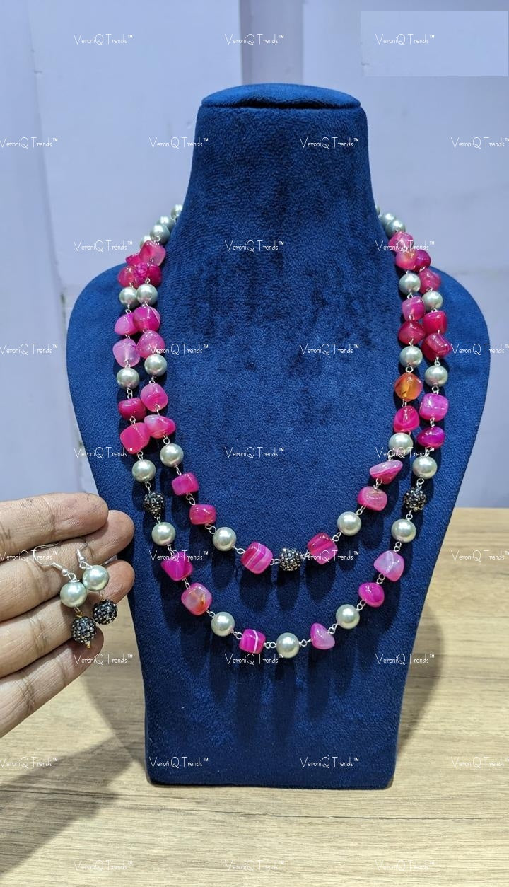 VeroniQ Trends-Traditional Double Layer Jaipuri Mala Style Natural Stone Beads Long Necklace-Gold Plated-Wedding Jewellery-Punjabi Jewellery-South Indian-Thappa Jewellery