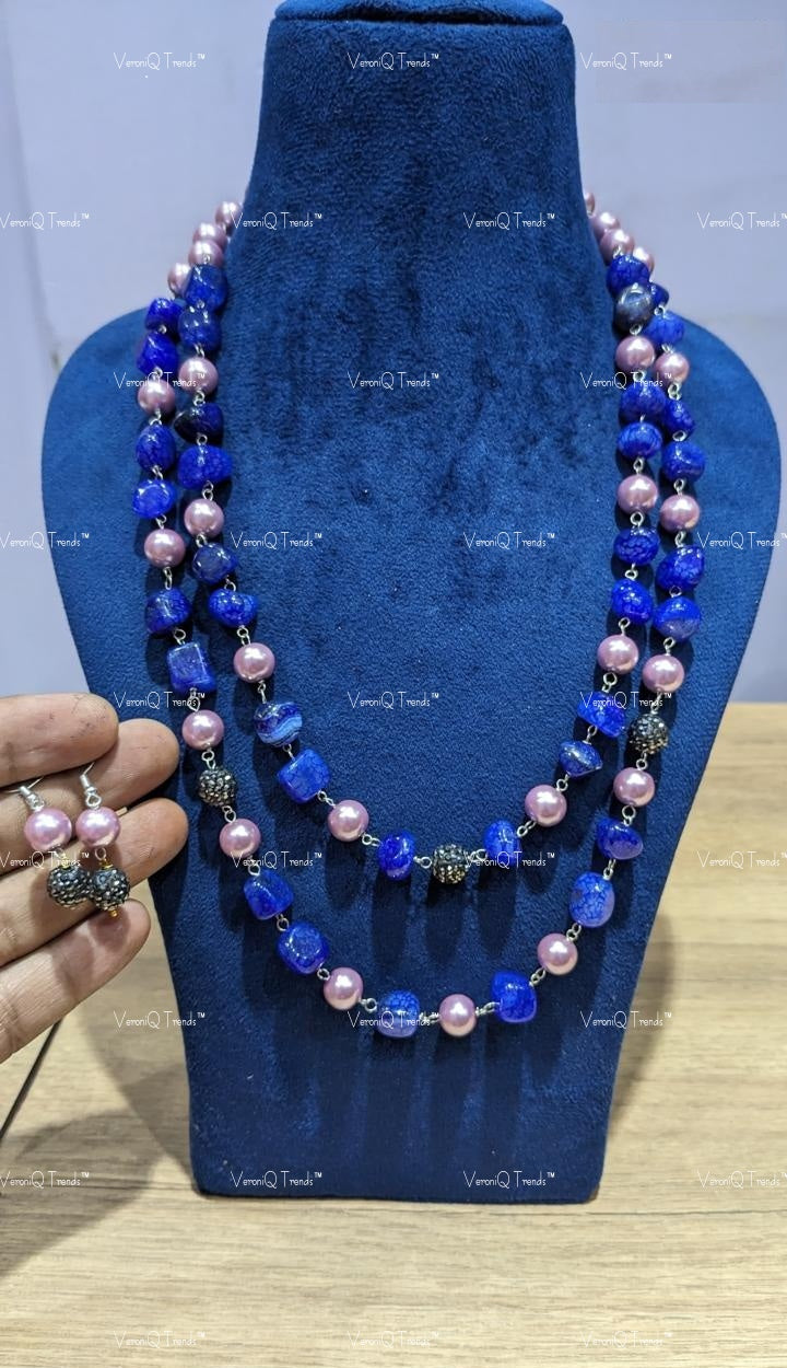 VeroniQ Trends-Traditional Double Layer Jaipuri Mala Style Natural Stone Beads Long Necklace-Gold Plated-Wedding Jewellery-Punjabi Jewellery-South Indian-Thappa Jewellery