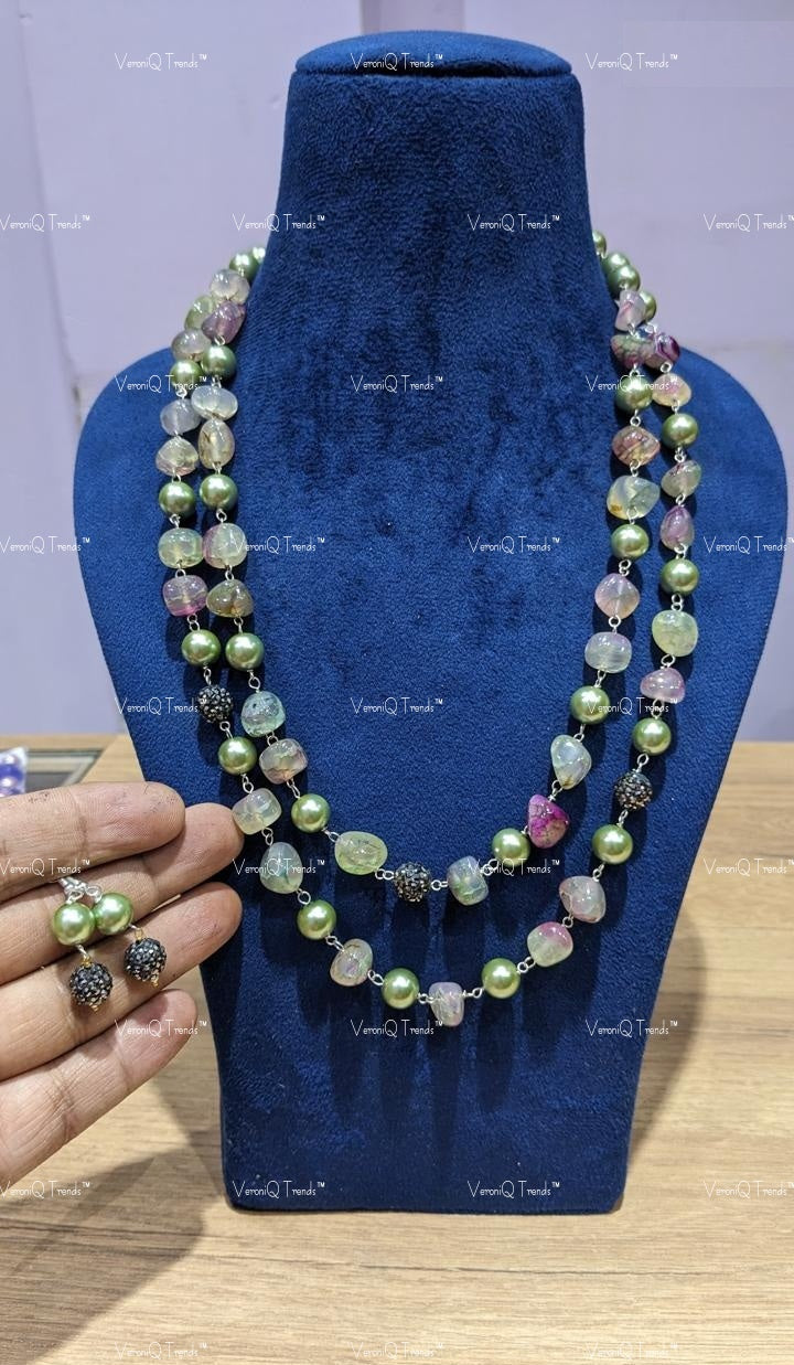 VeroniQ Trends-Traditional Double Layer Jaipuri Mala Style Natural Stone Beads Long Necklace-Gold Plated-Wedding Jewellery-Punjabi Jewellery-South Indian-Thappa Jewellery