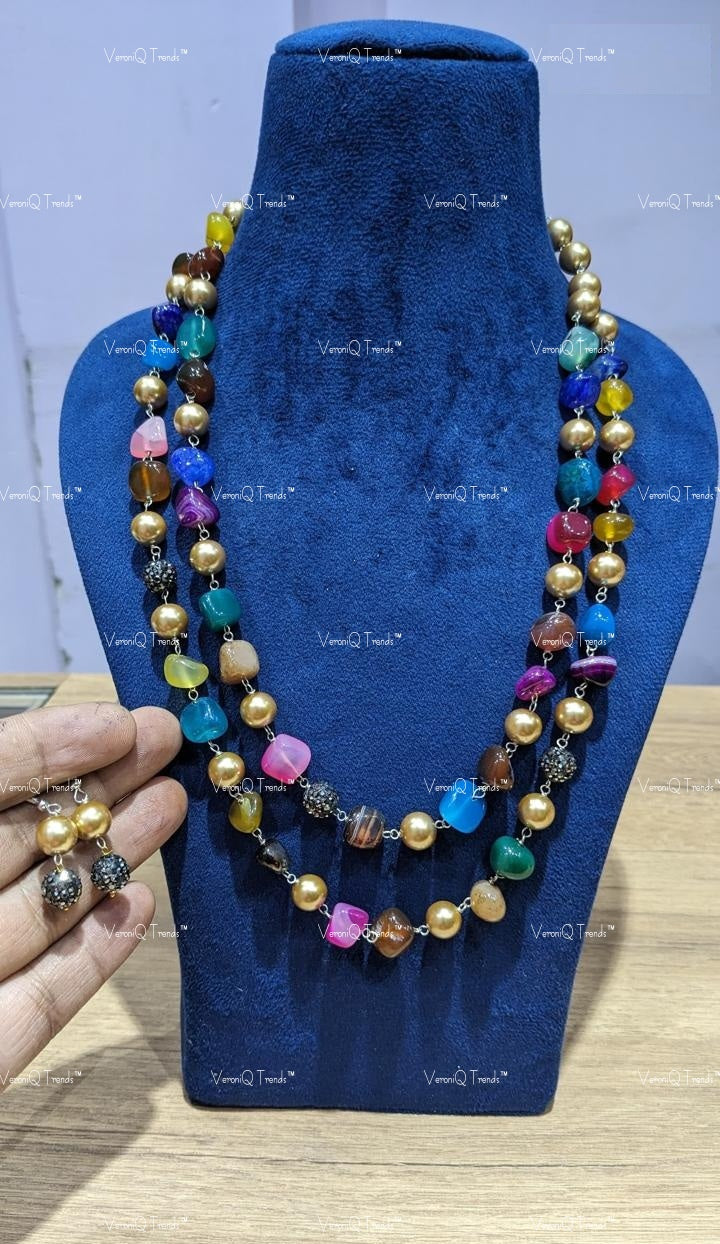 VeroniQ Trends-Traditional Double Layer Jaipuri Mala Style Natural Stone Beads Long Necklace-Gold Plated-Wedding Jewellery-Punjabi Jewellery-South Indian-Thappa Jewellery