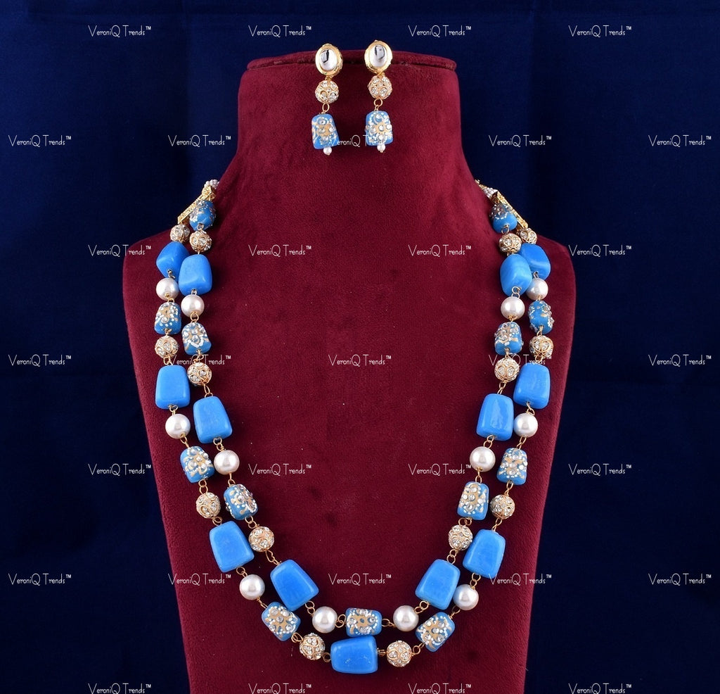 VeroniQ Trends-Elegant Double Layer Meenakari Beads and Pearl Jaipuri Mala Long Necklace-Gold Plated-Wedding Jewellery-Punjabi Jewellery-South Indian-Thappa Jewellery