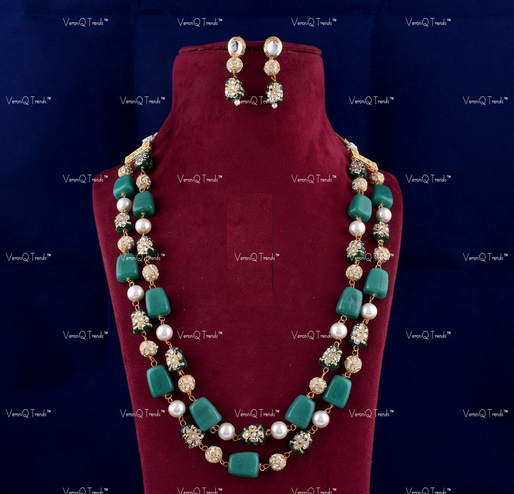 VeroniQ Trends-Elegant Double Layer Meenakari Beads and Pearl Jaipuri Mala Long Necklace-Gold Plated-Wedding Jewellery-Punjabi Jewellery-South Indian-Thappa Jewellery