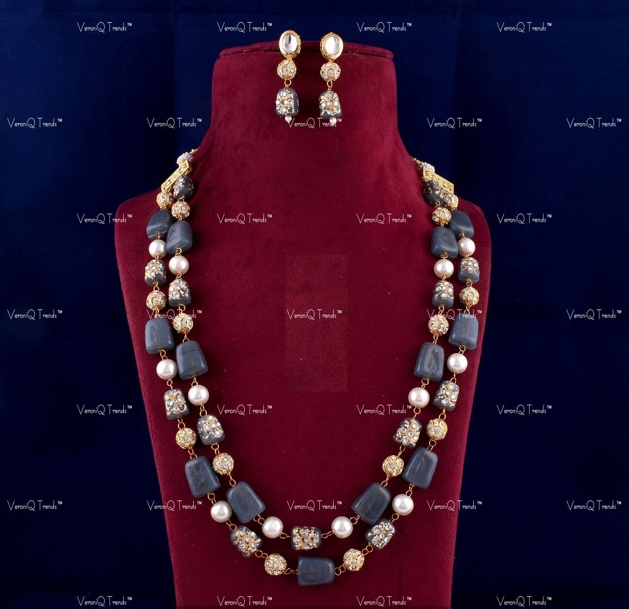 VeroniQ Trends-Elegant Double Layer Meenakari Beads and Pearl Jaipuri Mala Long Necklace-Gold Plated-Wedding Jewellery-Punjabi Jewellery-South Indian-Thappa Jewellery
