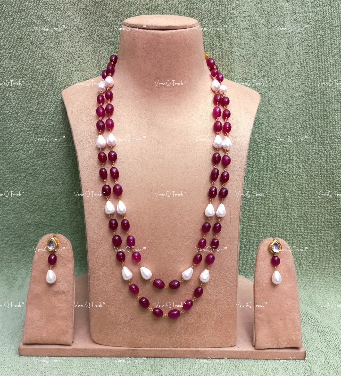 VeroniQ Trends-Beautiful Double Layer Baroque Shell Pearl Jaipuri Mala Long Necklace-Gold Plated-Wedding Jewellery-Punjabi Jewellery-South Indian-Thappa Jewellery