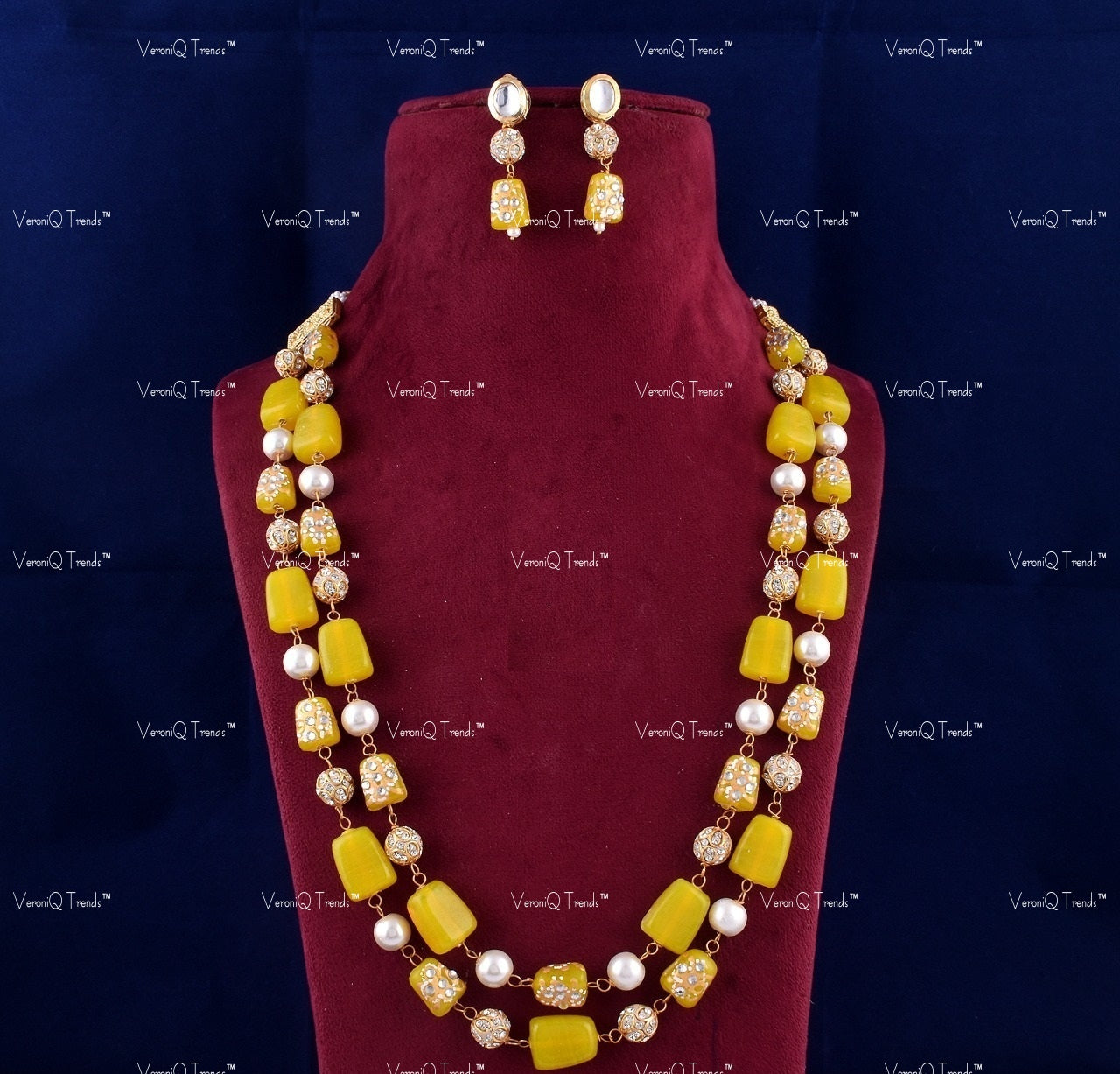 VeroniQ Trends-Elegant Double Layer Meenakari Beads and Pearl Jaipuri Mala Long Necklace-Gold Plated-Wedding Jewellery-Punjabi Jewellery-South Indian-Thappa Jewellery