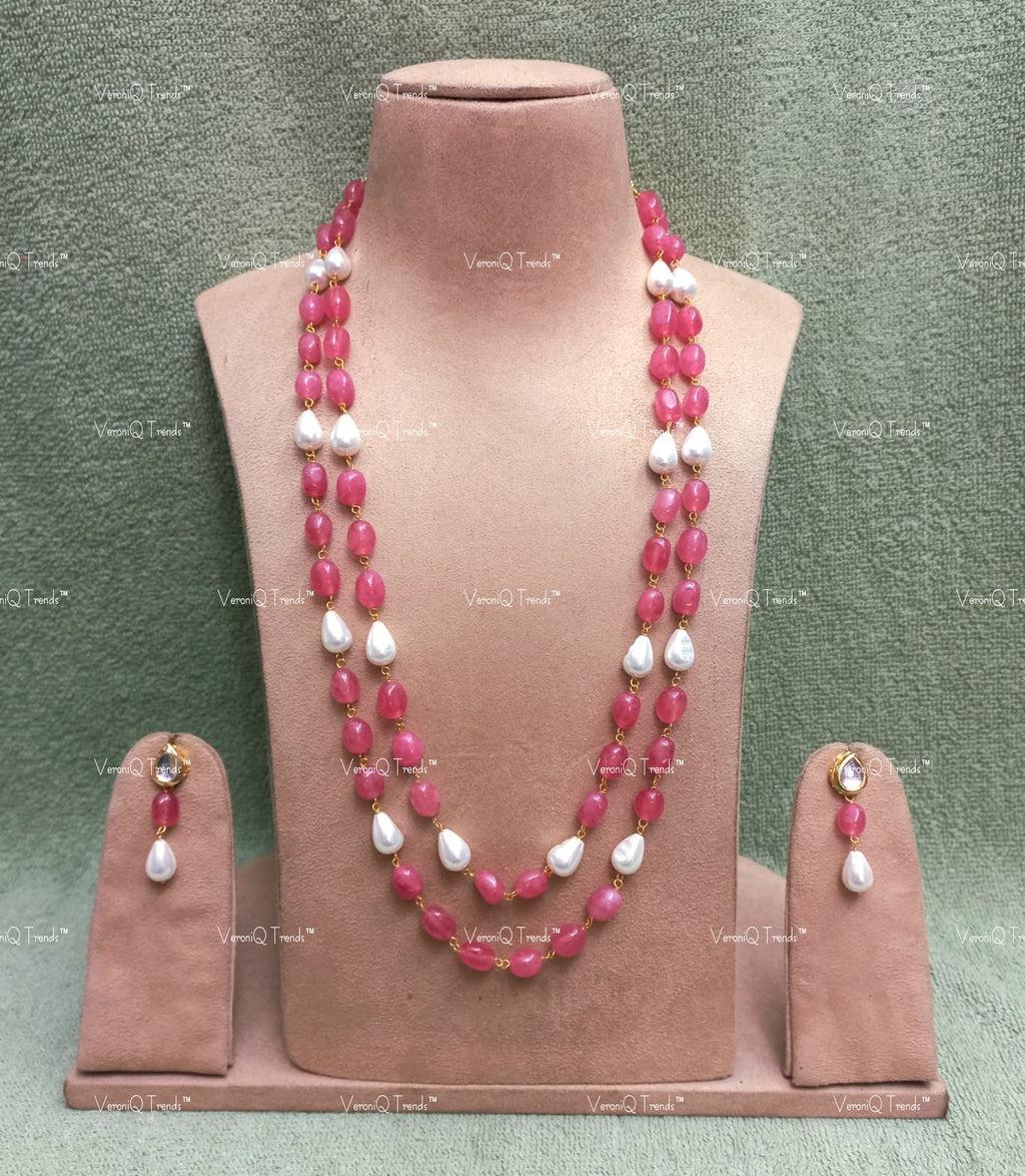 VeroniQ Trends-Beautiful Double Layer Baroque Shell Pearl Jaipuri Mala Long Necklace-Gold Plated-Wedding Jewellery-Punjabi Jewellery-South Indian-Thappa Jewellery