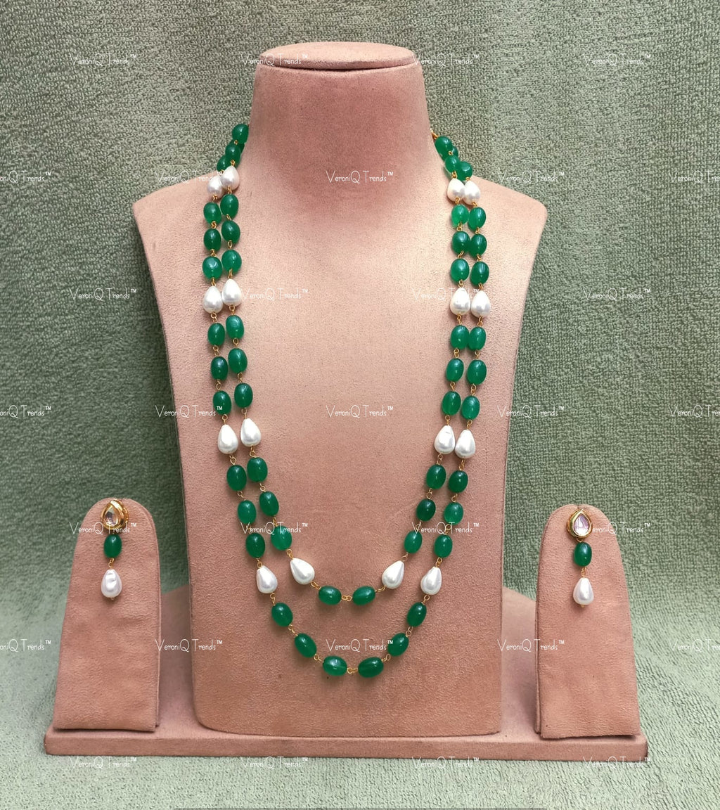 VeroniQ Trends-Beautiful Double Layer Baroque Shell Pearl Jaipuri Mala Long Necklace-Gold Plated-Wedding Jewellery-Punjabi Jewellery-South Indian-Thappa Jewellery