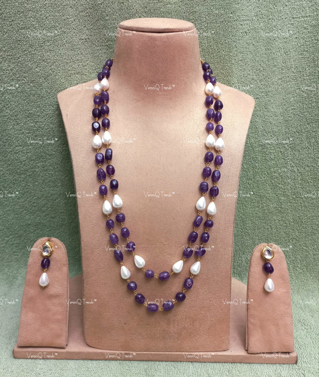 VeroniQ Trends-Beautiful Double Layer Baroque Shell Pearl Jaipuri Mala Long Necklace-Gold Plated-Wedding Jewellery-Punjabi Jewellery-South Indian-Thappa Jewellery