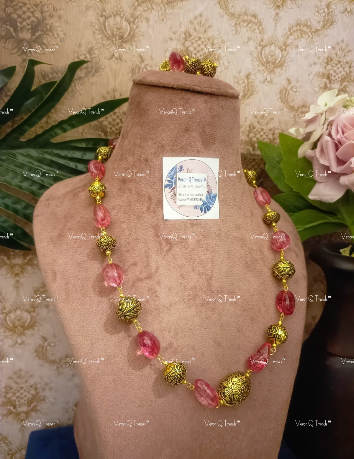 VeroniQ Trends-Elegant Fluoite Beads Golden Beads Jaipuri Mala Necklace-Gold Plated-Wedding Jewellery-Punjabi Jewellery-South Indian-Thappa Jewellery