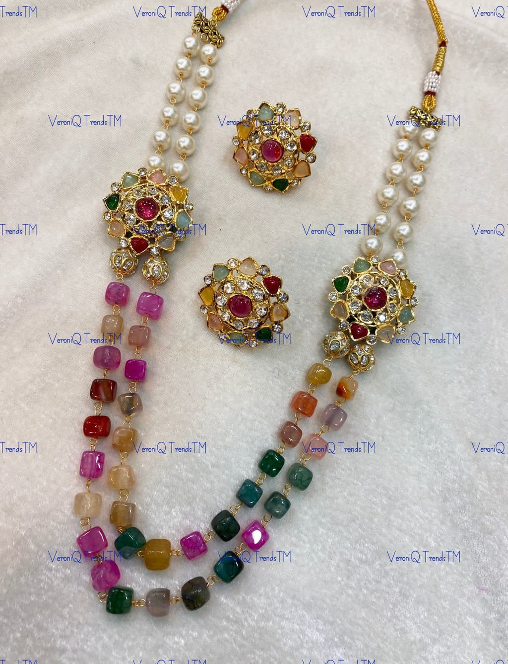 VeroniQ Trends-Beautiful Gold Plated Double Line Multicolor Beads and Pearl Jaipuri Mala Necklace-Gold Plated-Wedding Jewellery-Punjabi Jewellery-South Indian-Thappa Jewellery
