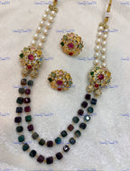 VeroniQ Trends-Beautiful Gold Plated Double Line Multicolor Beads and Pearl Jaipuri Mala Necklace-Gold Plated-Wedding Jewelry-Punjabi Jewelry-South Indian-Thappa Jewelry