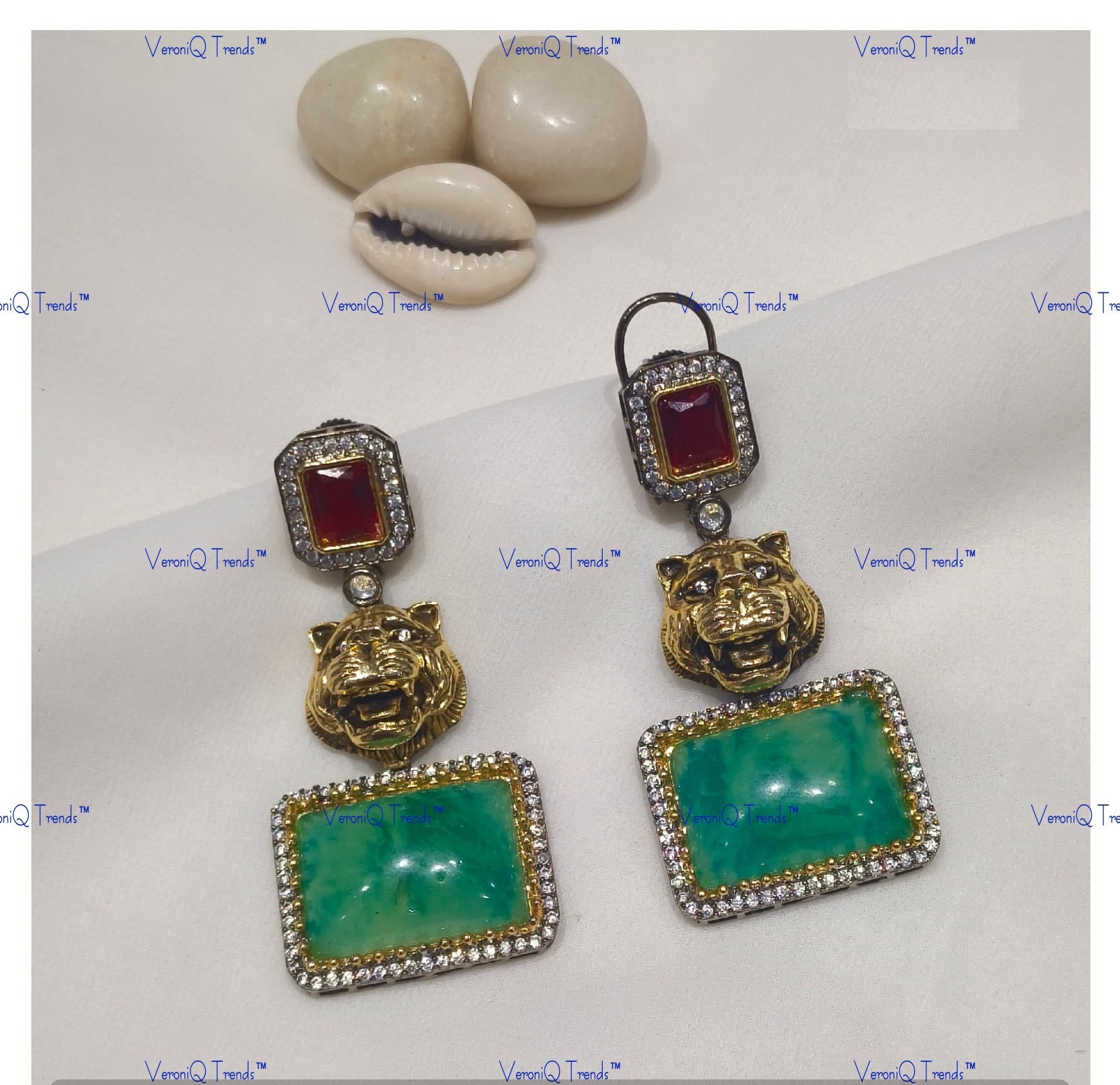 VeroniQ Trends-Emerald-Ruby Animal Motif Polki Earrings Polki-Emerald Stone- Ruby Stone-Gold Plated-Wedding Jewellery-Punjabi Jewellery-South Indian-Thappa Jewellery