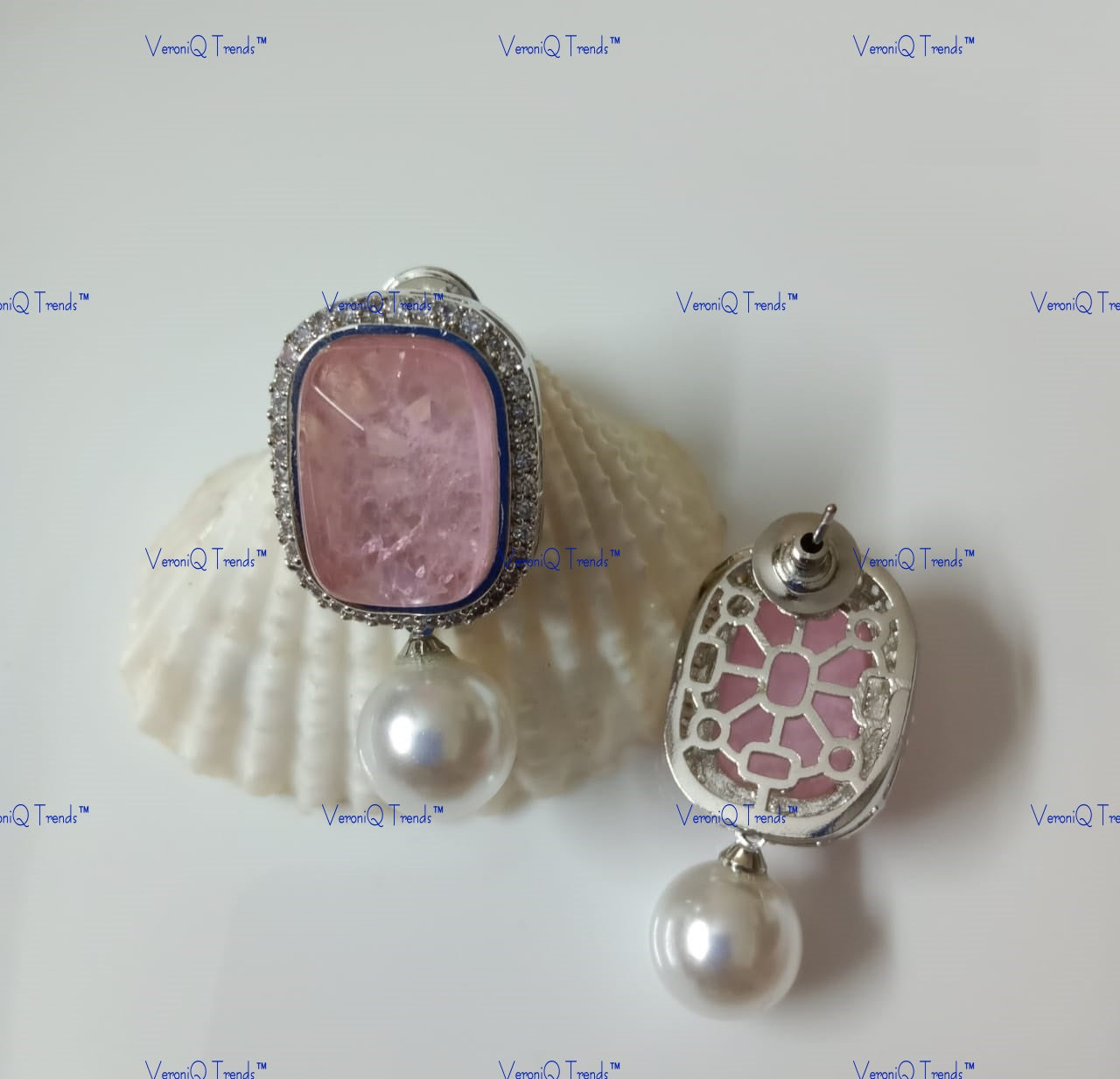 VeroniQ Trends-Rose Pink Stone And Polki Earrings Polki-Gold Plated-Wedding Jewellery-Punjabi Jewellery-South Indian-Thappa Jewellery