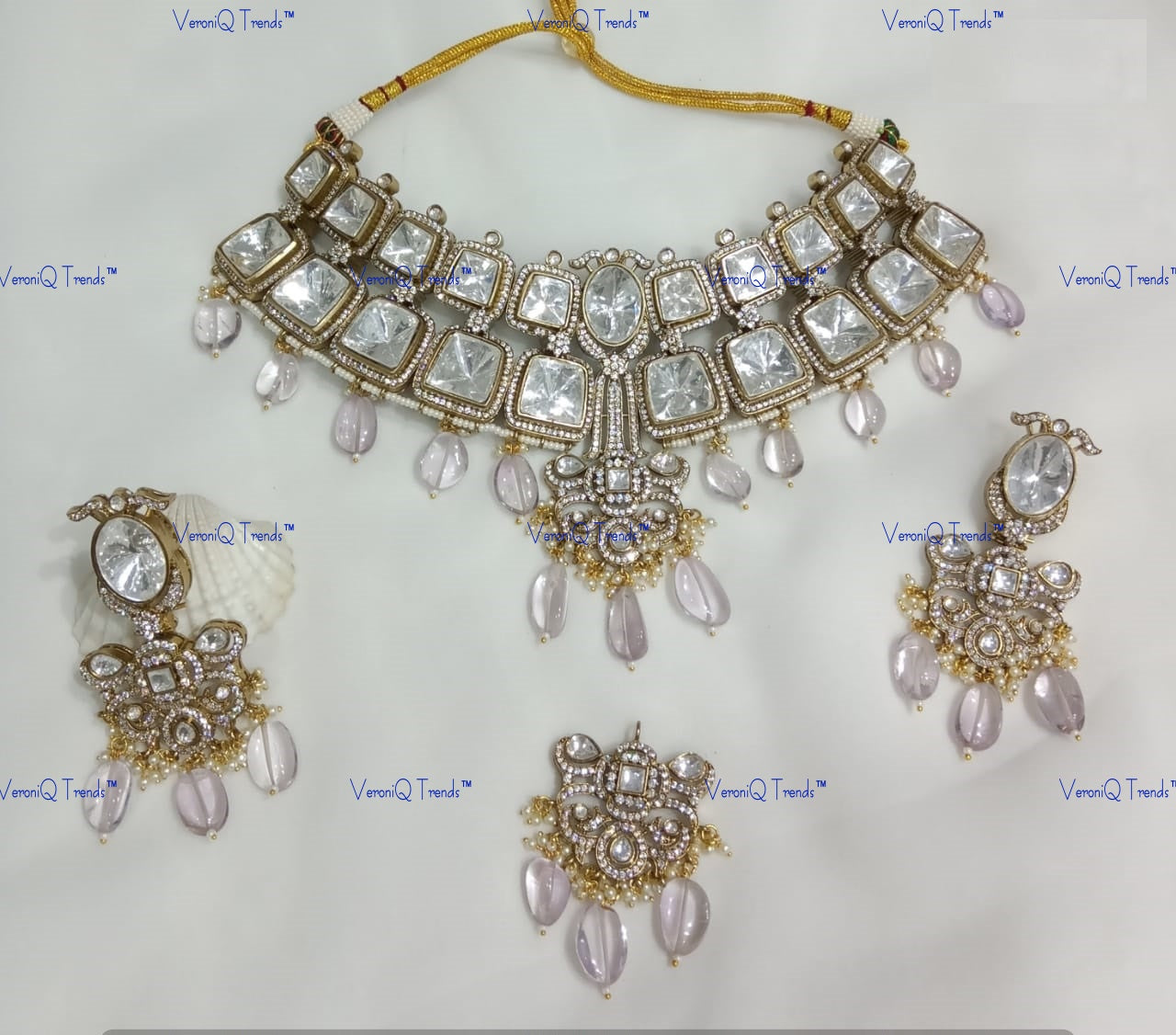 VeroniQ Trends-Bridal Diamond Look Polki And Pearl Choker Necklace Polki-Fresh Water Pearl-Gold Plated-Wedding Jewellery-Punjabi Jewellery-South Indian-Thappa Jewellery
