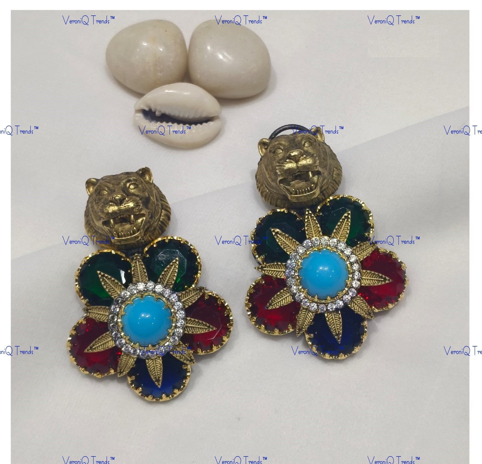 VeroniQ Trends-Multicolour Lion Face Polki Earrings Polki-Gold Plated-Wedding Jewellery-Punjabi Jewellery-South Indian-Thappa Jewellery