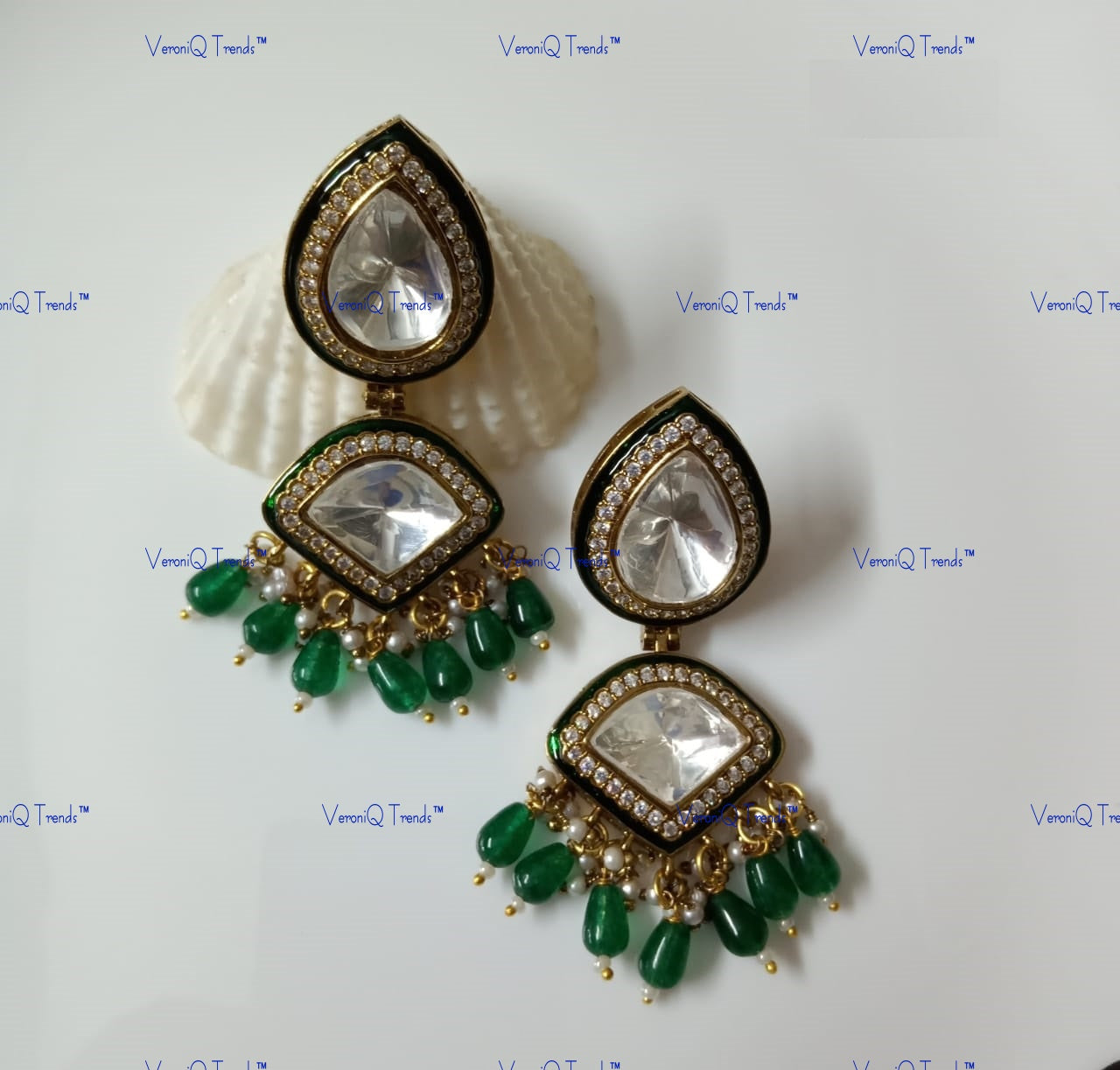 VeroniQ Trends-Emerald Green Beads And Polki Dangler Earrings Polki-Gold Plated-Wedding Jewellery-Punjabi Jewellery-South Indian-Thappa Jewellery