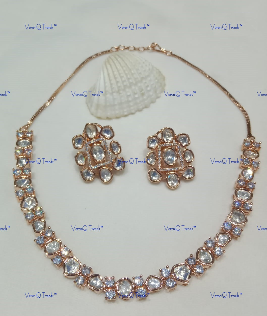VeroniQ Trends-Fusion Rose Gold Polki Choker Necklace Set Polki-Gold Plated-Wedding Jewellery-Punjabi Jewellery-South Indian-Thappa Jewellery