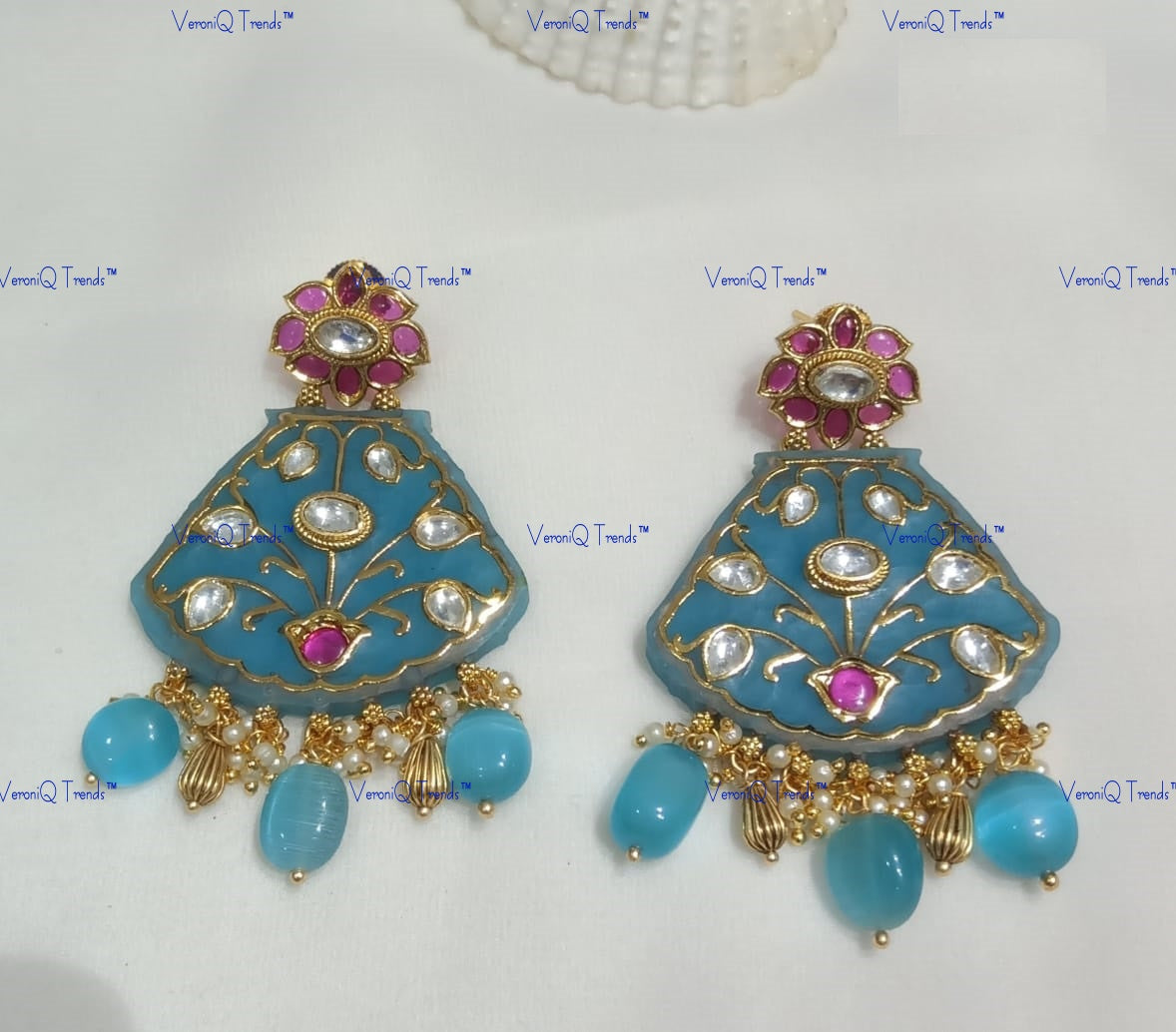 VeroniQ Trends-Carved Stone Polki Studded Earrings Polki-Gold Plated-Wedding Jewellery-Punjabi Jewellery-South Indian-Thappa Jewellery