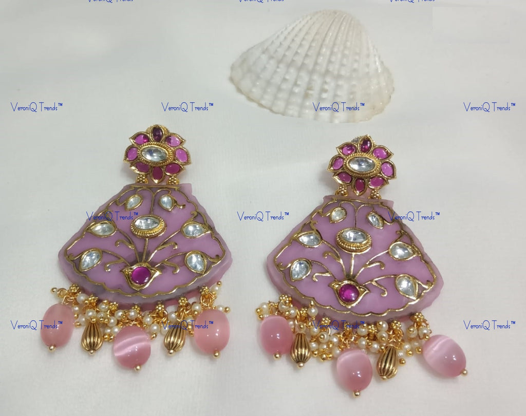 VeroniQ Trends-Carved Stone Polki Studded Earrings Polki-Gold Plated-Wedding Jewellery-Punjabi Jewellery-South Indian-Thappa Jewellery