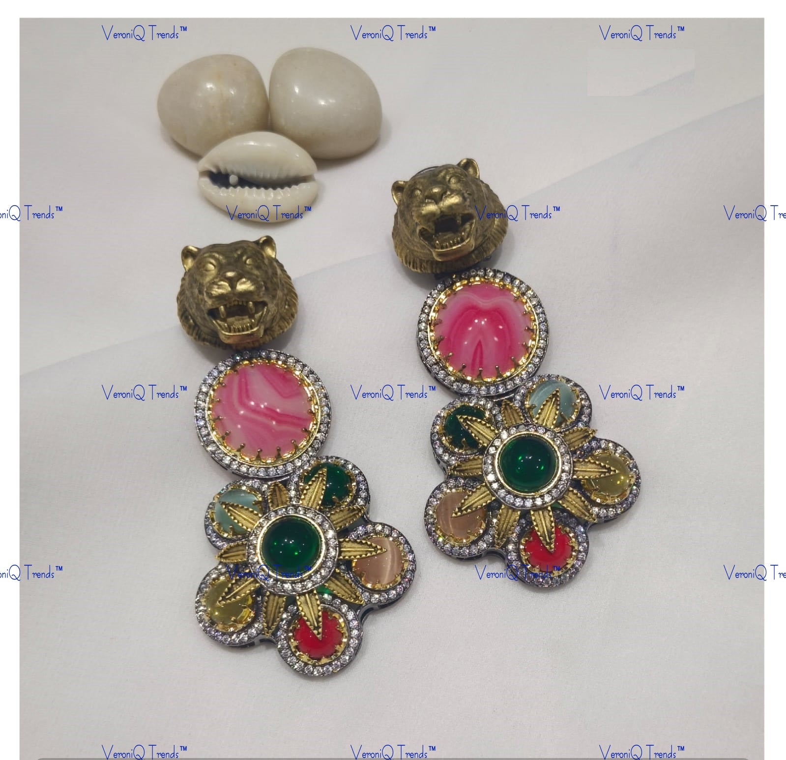 VeroniQ Trends-Designer Lion Face Polki Earrings-Gold Plated-Wedding Jewellery-Punjabi Jewellery-South Indian-Thappa Jewellery