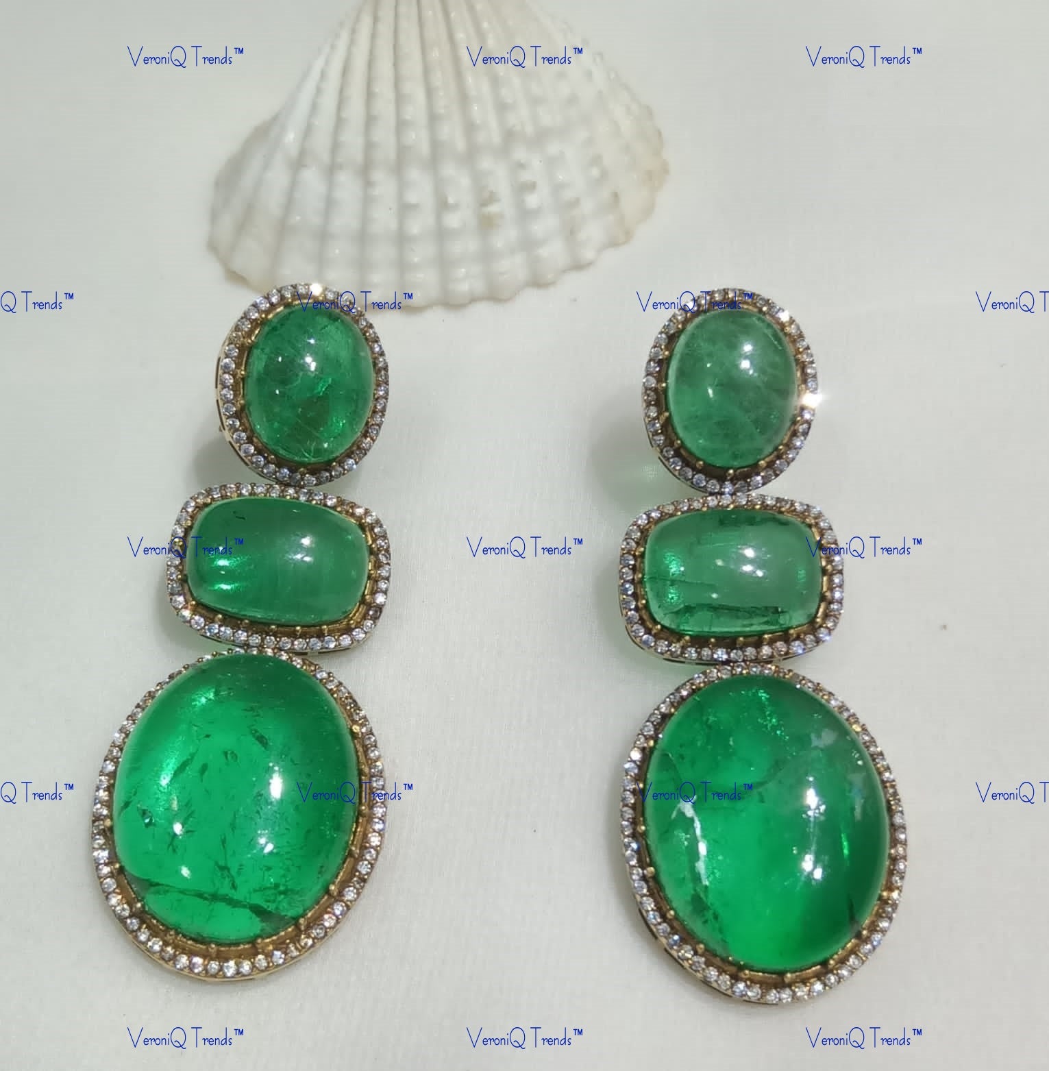VeroniQ Trends-Emerald Green Drop Polki Earrings Polki-Emerald Stone-Gold Plated-Wedding Jewellery-Punjabi Jewellery-South Indian-Thappa Jewellery