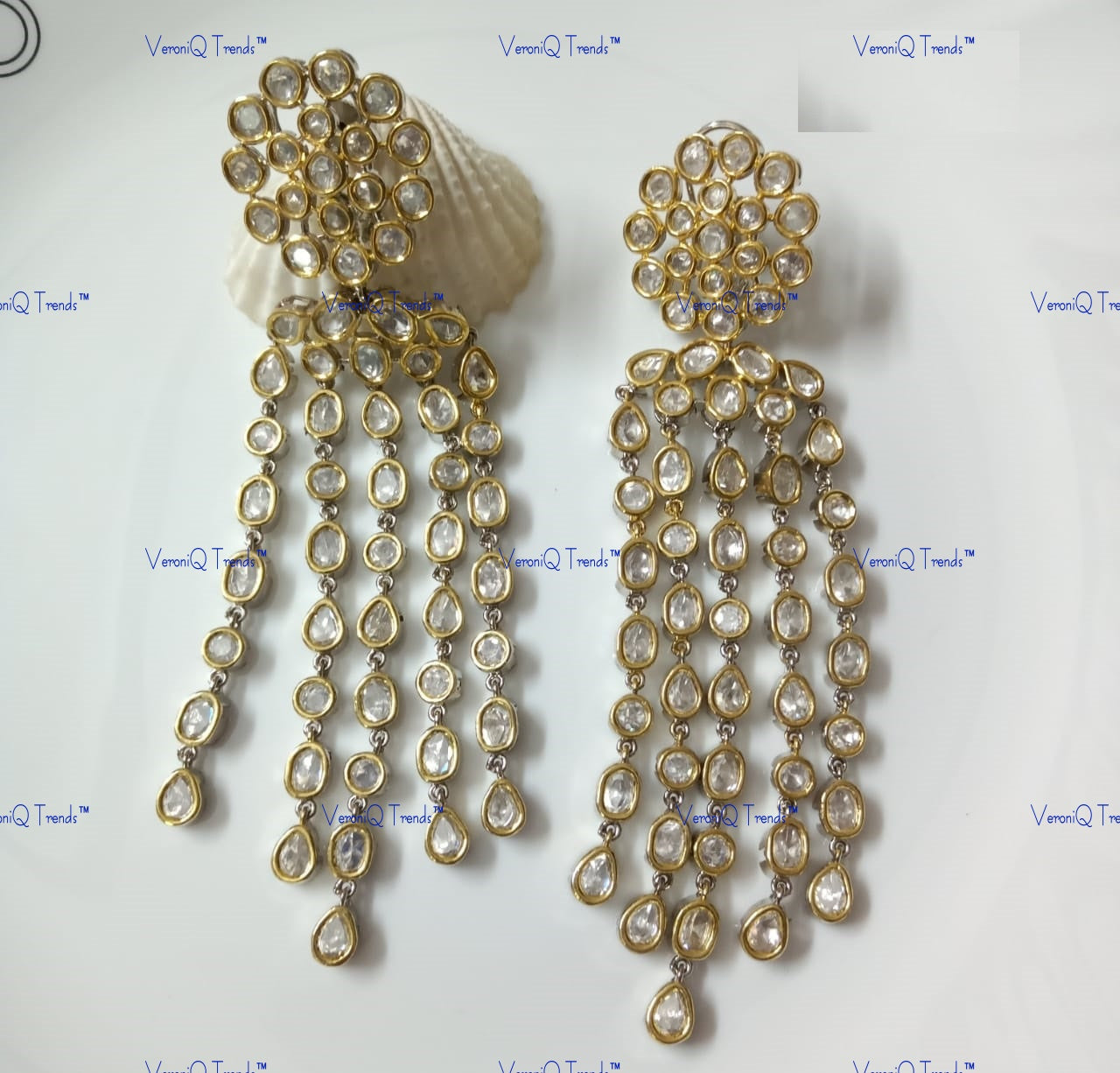 VeroniQ Trends-Polki Long Tassels Earrings Polki-Gold Plated-Wedding Jewellery-Punjabi Jewellery-South Indian-Thappa Jewellery