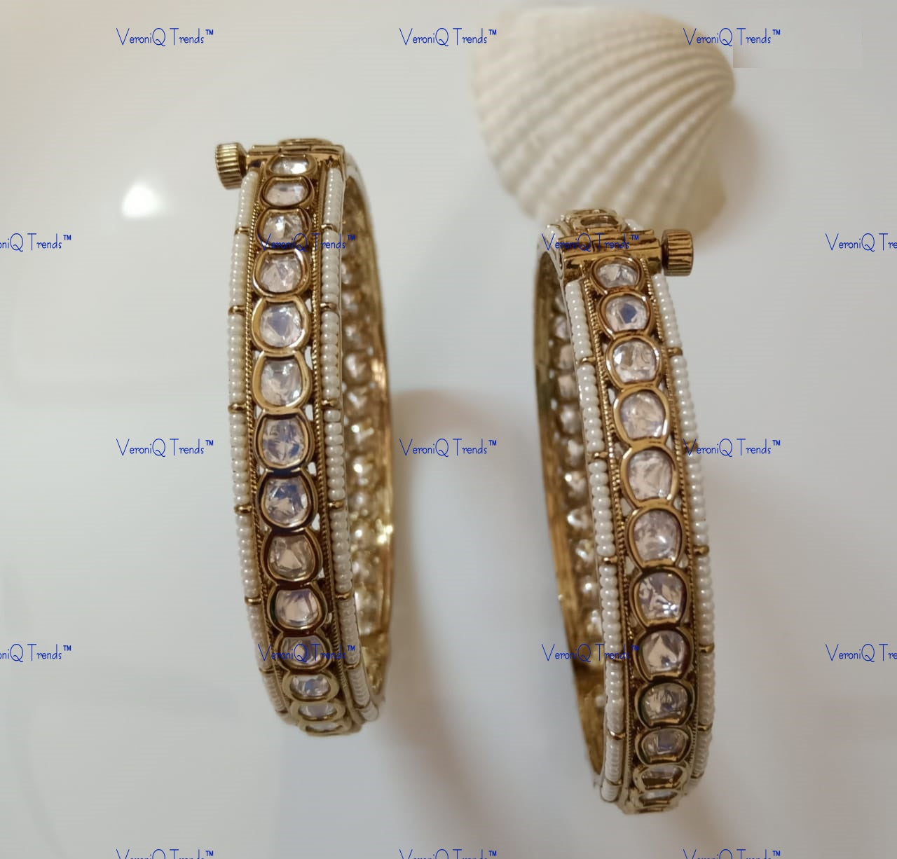 VeroniQ Trends-Traditional Pearl and Polki Bangles-Gold Plated-Wedding Jewellery-Punjabi Jewellery-South Indian-Thappa Jewellery