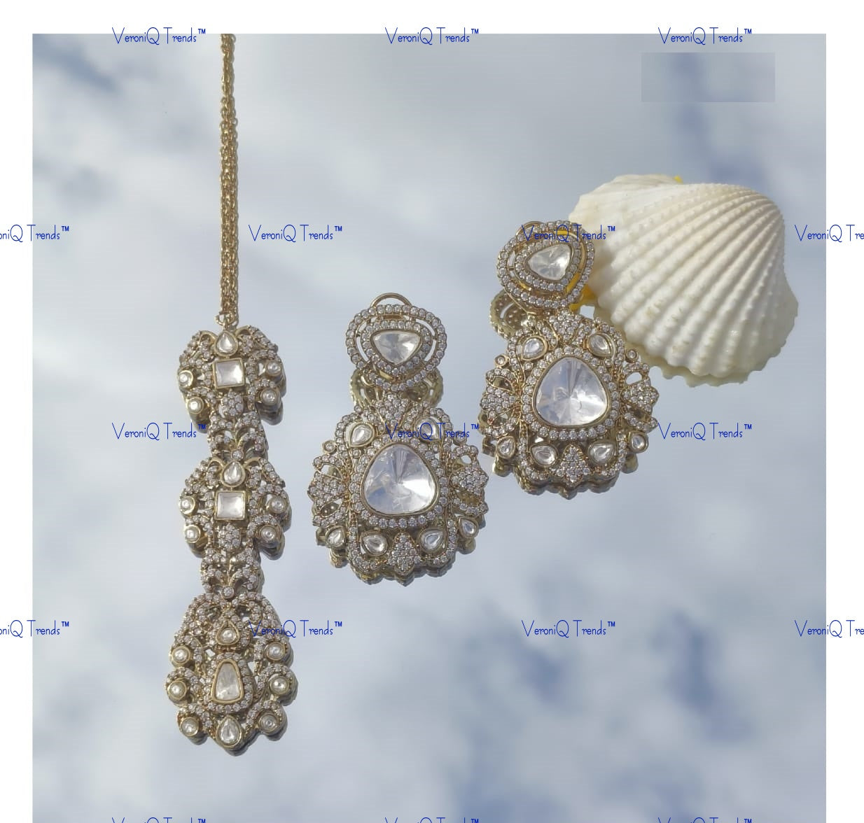 VeroniQ Trends-Victorian Bridal Polki Maang Tika-Earrings Set Polki-Gold Plated-Wedding Jewellery-Punjabi Jewellery-South Indian-Thappa Jewellery