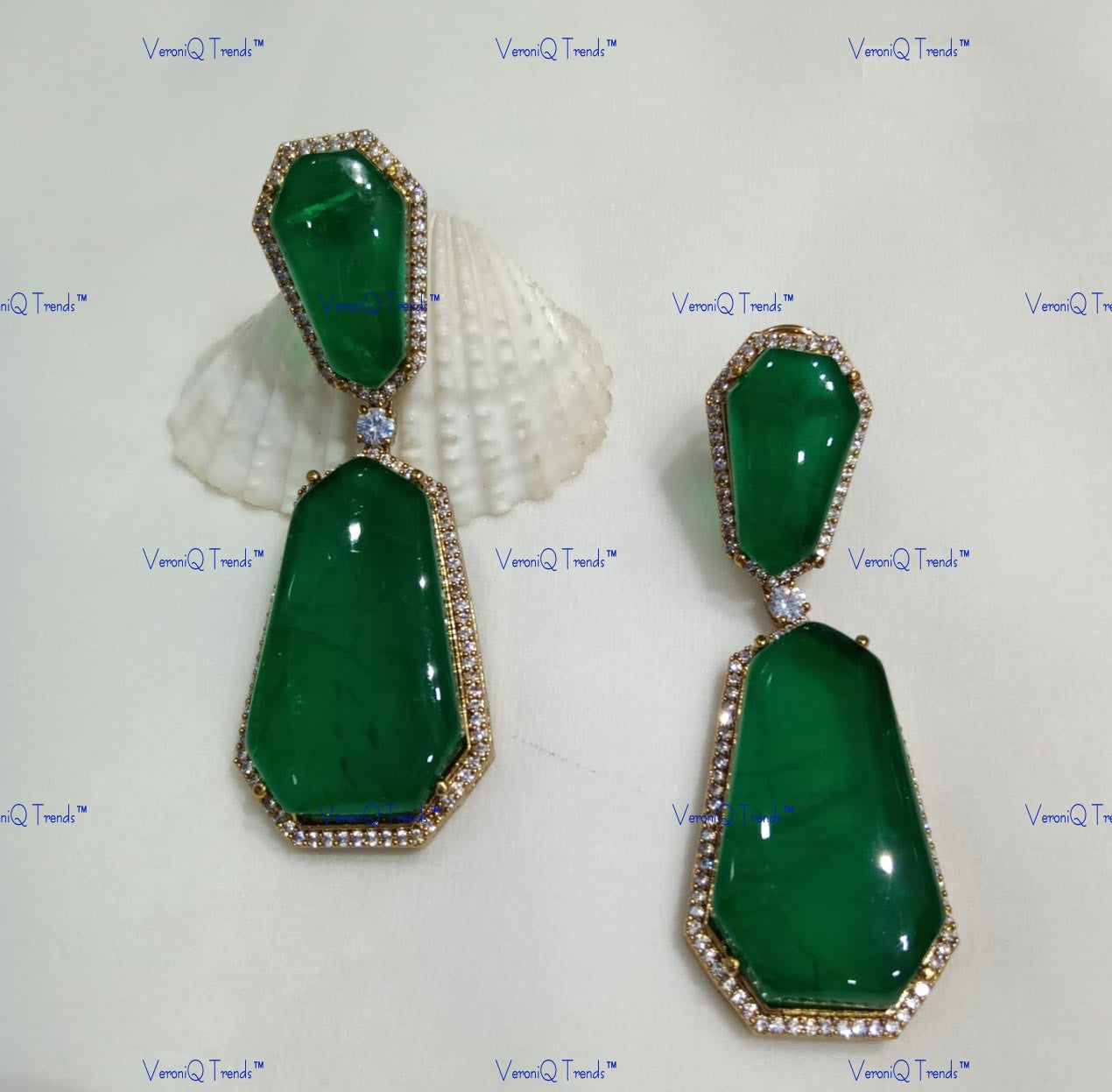 VeroniQ Trends-Green Emerald Polki Earrings Polki-Gold Plated-Wedding Jewellery-Punjabi Jewellery-South Indian-Thappa Jewellery