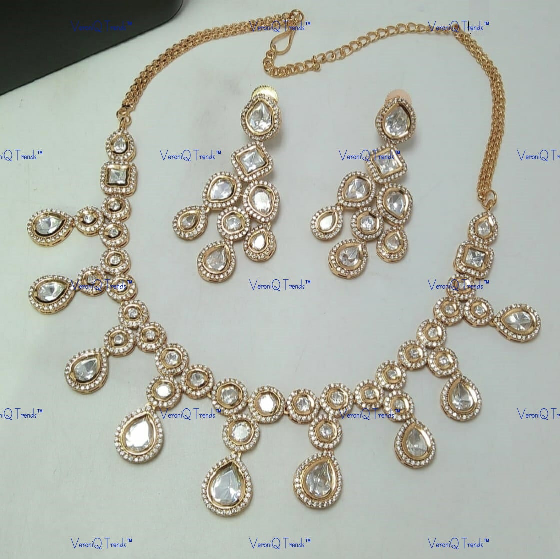 VeroniQ Trends-Elegant Polki Drop Princess Necklace Set Polki-Gold Plated-Wedding Jewellery-Punjabi Jewellery-South Indian-Thappa Jewellery