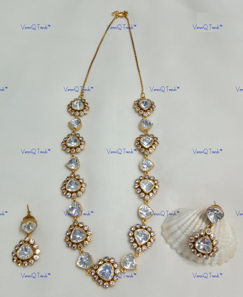 VeroniQ Trends-Polki Princess Necklace Set Polki-Gold Plated-Wedding Jewellery-Punjabi Jewellery-South Indian-Thappa Jewellery