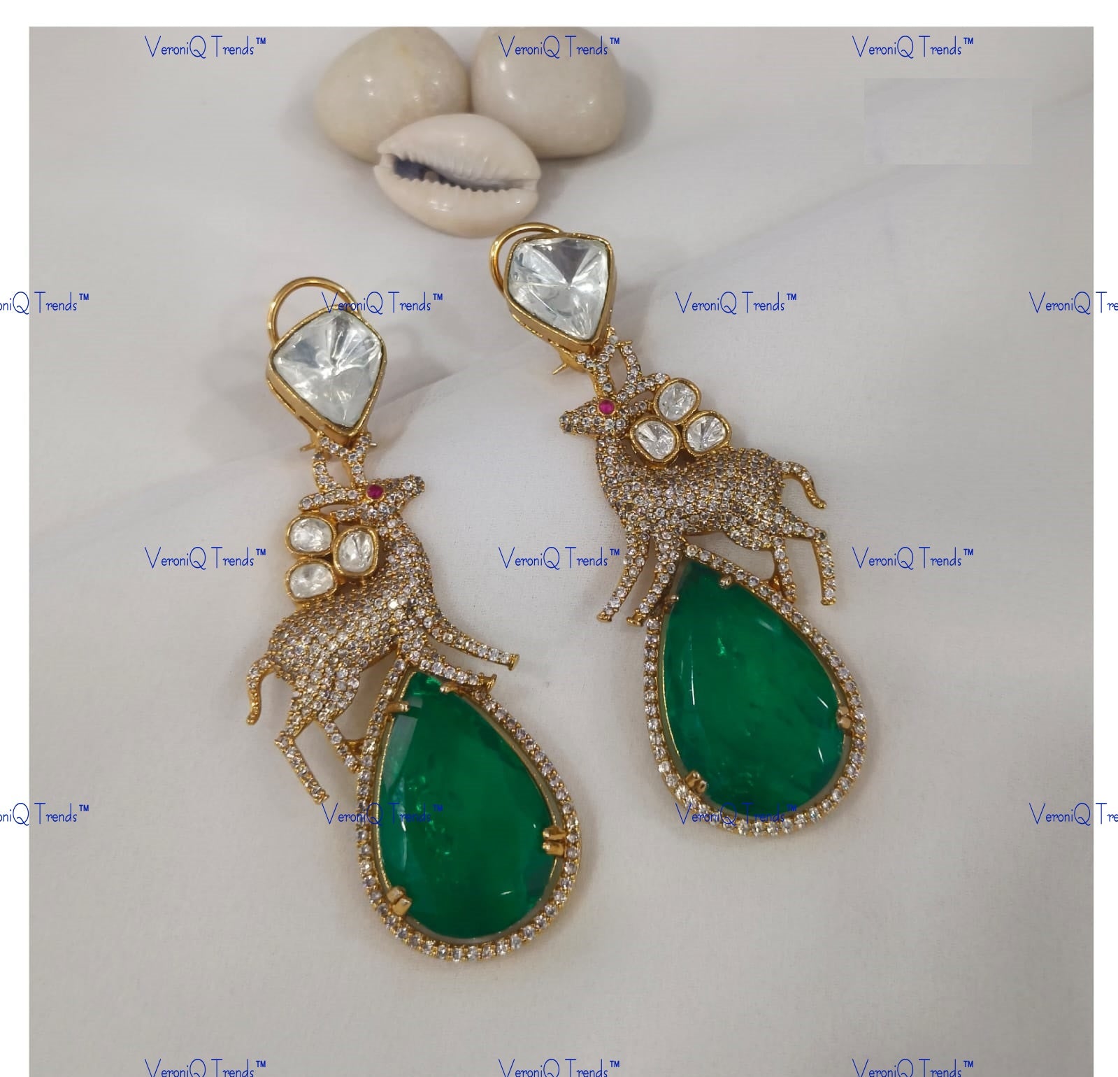 VeroniQ Trends-Polki Animal Design Emerald Earrings Polki-Emerald Stone-Gold Plated-Wedding Jewellery-Punjabi Jewellery-South Indian-Thappa Jewellery