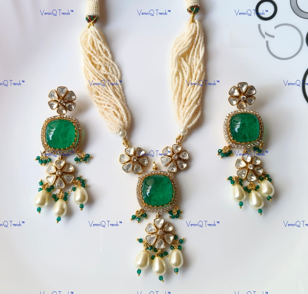 VeroniQ Trends-Polki and Pearl Short Length Necklace with Color Stone Polki-Gold Plated-Wedding Jewellery-Punjabi Jewellery-South Indian-Thappa Jewellery