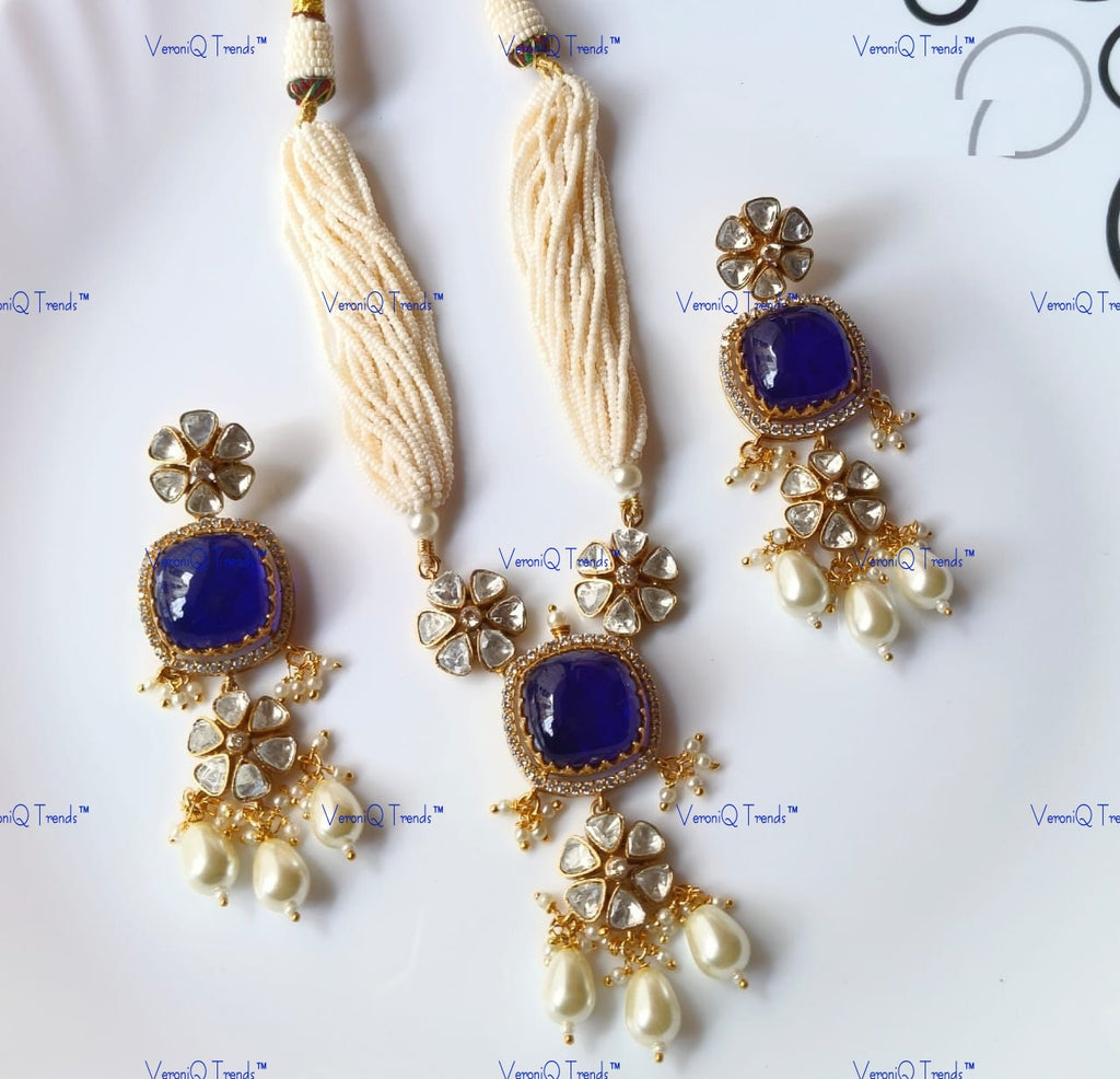 VeroniQ Trends-Polki and Pearl Short Length Necklace with Color Stone Polki-Gold Plated-Wedding Jewellery-Punjabi Jewellery-South Indian-Thappa Jewellery