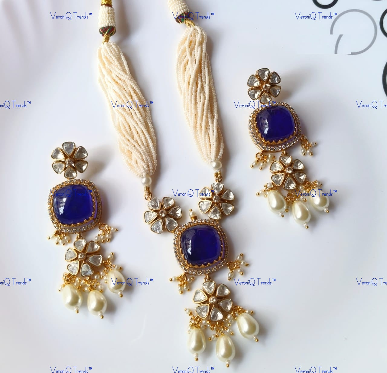 VeroniQ Trends-Polki and Pearl Short Length Necklace with Color Stone Polki-Gold Plated-Wedding Jewellery-Punjabi Jewellery-South Indian-Thappa Jewellery