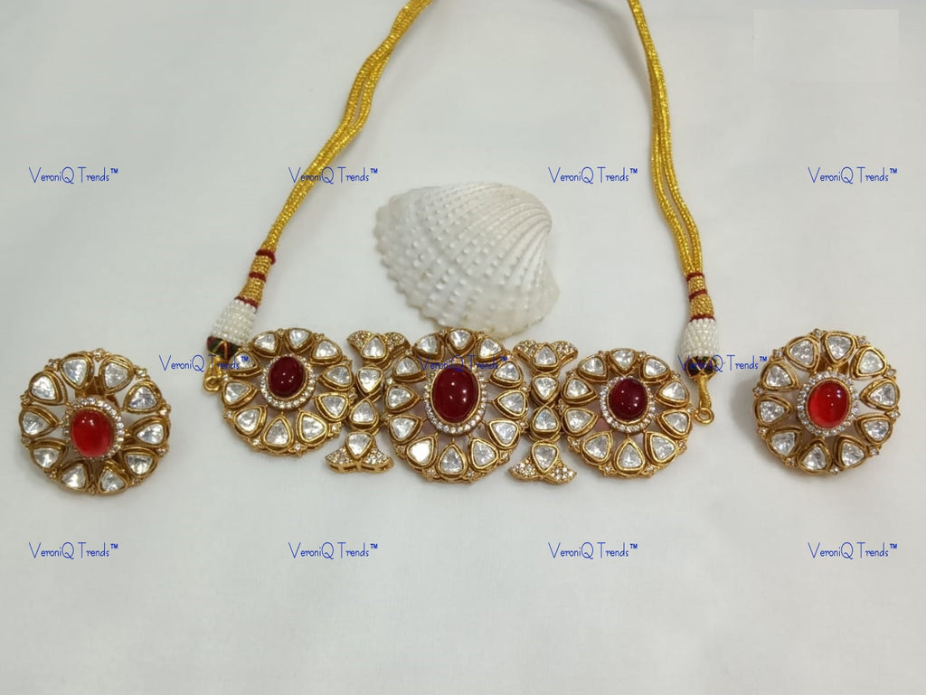 VeroniQ Trends-Floral Design Polki Choker Necklace Set Polki-Gold Plated-Wedding Jewellery-Punjabi Jewellery-South Indian-Thappa Jewellery