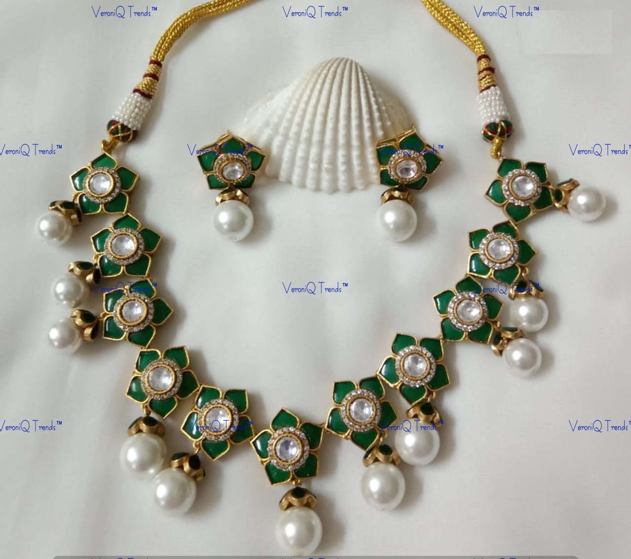 VeroniQ Trends-Green Floral-Pearl Polki Choker Necklace Set Polki-Gold Plated-Wedding Jewellery-Punjabi Jewellery-South Indian-Thappa Jewellery
