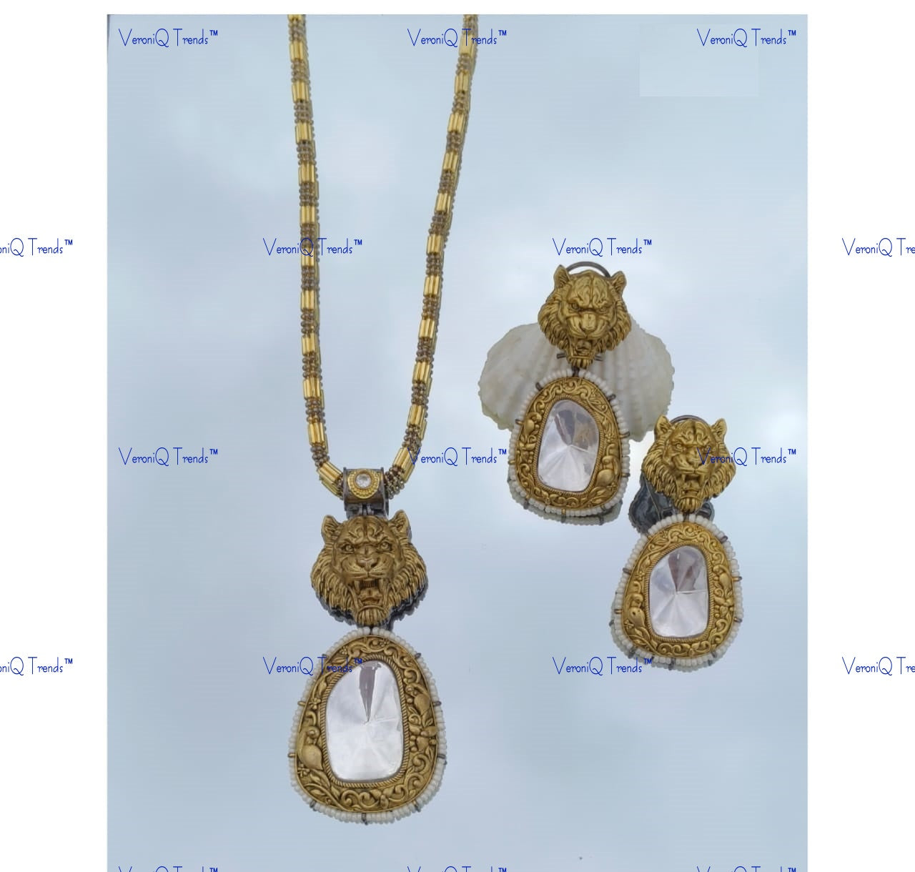 VeroniQ Trends-Lion Face Polki Long Pendant Neklace Set Polki-Gold Plated-Wedding Jewellery-Punjabi Jewellery-South Indian-Thappa Jewellery