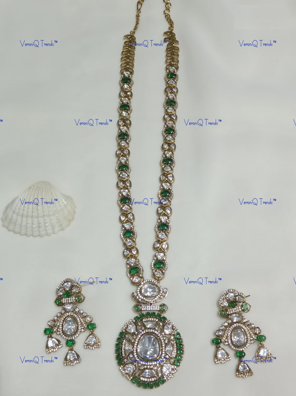 VeroniQ Trends-Long Polki Pendant Necklace Set Polki-Gold Plated-Wedding Jewellery-Punjabi Jewellery-South Indian-Thappa Jewellery