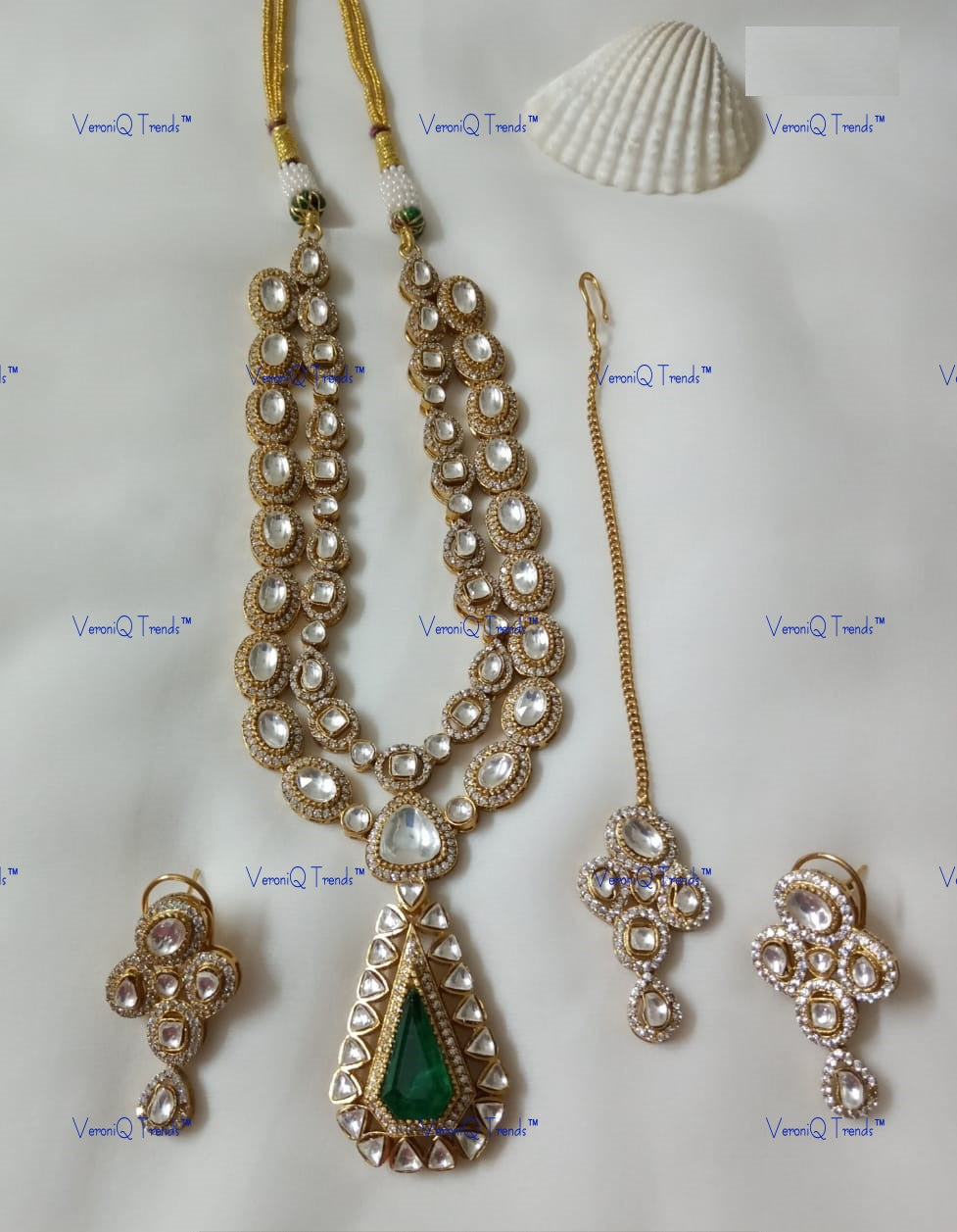 VeroniQ Trends-Emerald and Polki Double Line Long Neklace Set Polki-Emerald Stone-Gold Plated-Wedding Jewellery-Punjabi Jewellery-South Indian-Thappa Jewellery