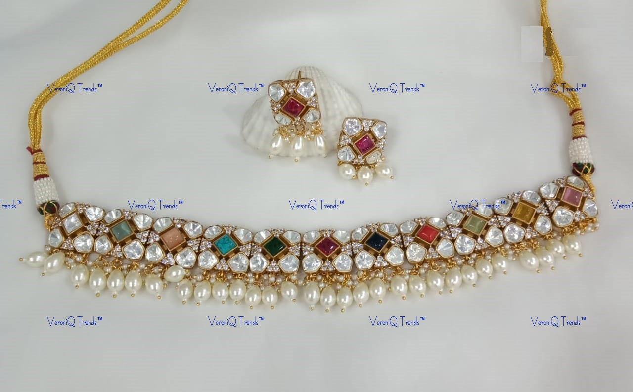 VeroniQ Trends-Navratan Pearl Polki Choker Neklace Polki-Fresh Water Pearl-Gold Plated-Wedding Jewellery-Punjabi Jewellery-South Indian-Thappa Jewellery