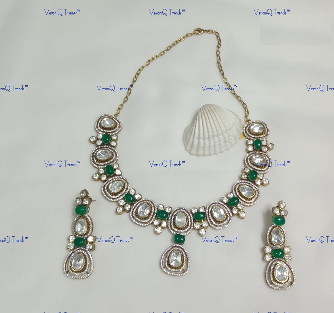 VeroniQ Trends-Emerald Green And Polki Neklace Polki-Gold Plated-Wedding Jewellery-Punjabi Jewellery-South Indian-Thappa Jewellery