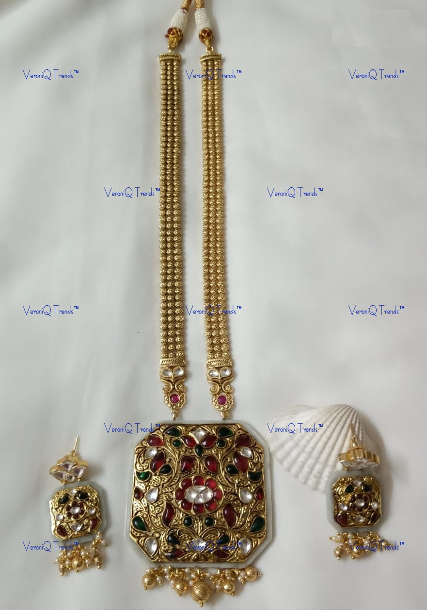 VeroniQ Trends-Mughal Style Partash Design Carved Pendant With Polki Long Necklace-Gold Plated-Wedding Jewellery-Punjabi Jewellery-South Indian-Thappa Jewellery