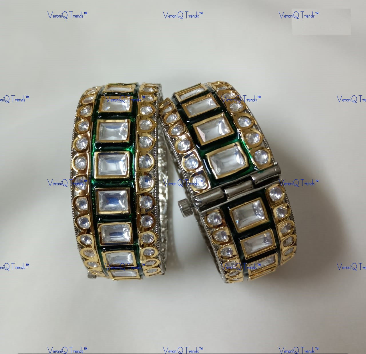 VeroniQ Trends-Green Carving Polki Bangles Polki-Gold Plated-Wedding Jewellery-Punjabi Jewellery-South Indian-Thappa Jewellery