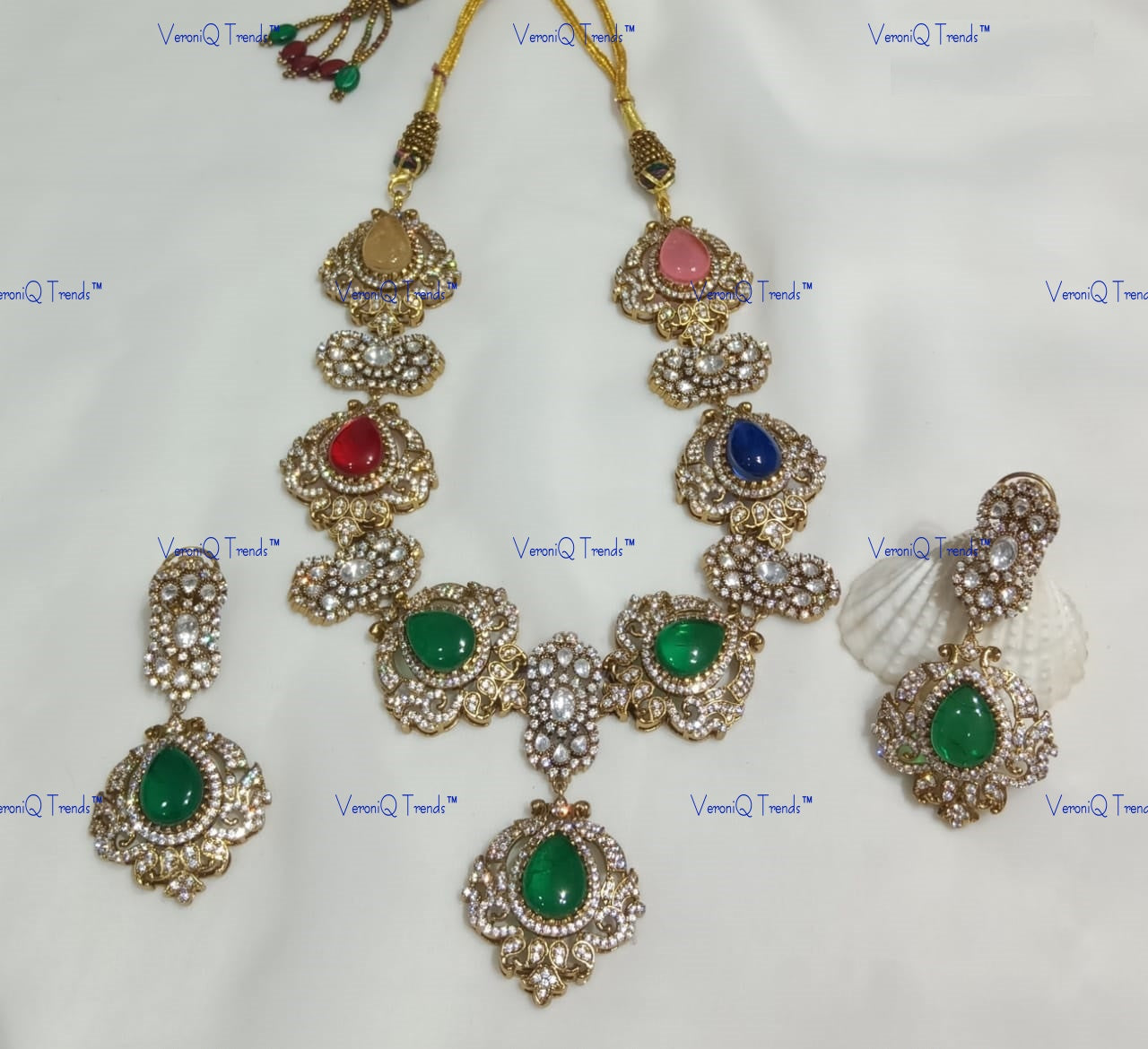 VeroniQ Trends-Navratan Polki Princess Necklace Polki-Gold Plated-Wedding Jewellery-Punjabi Jewellery-South Indian-Thappa Jewellery