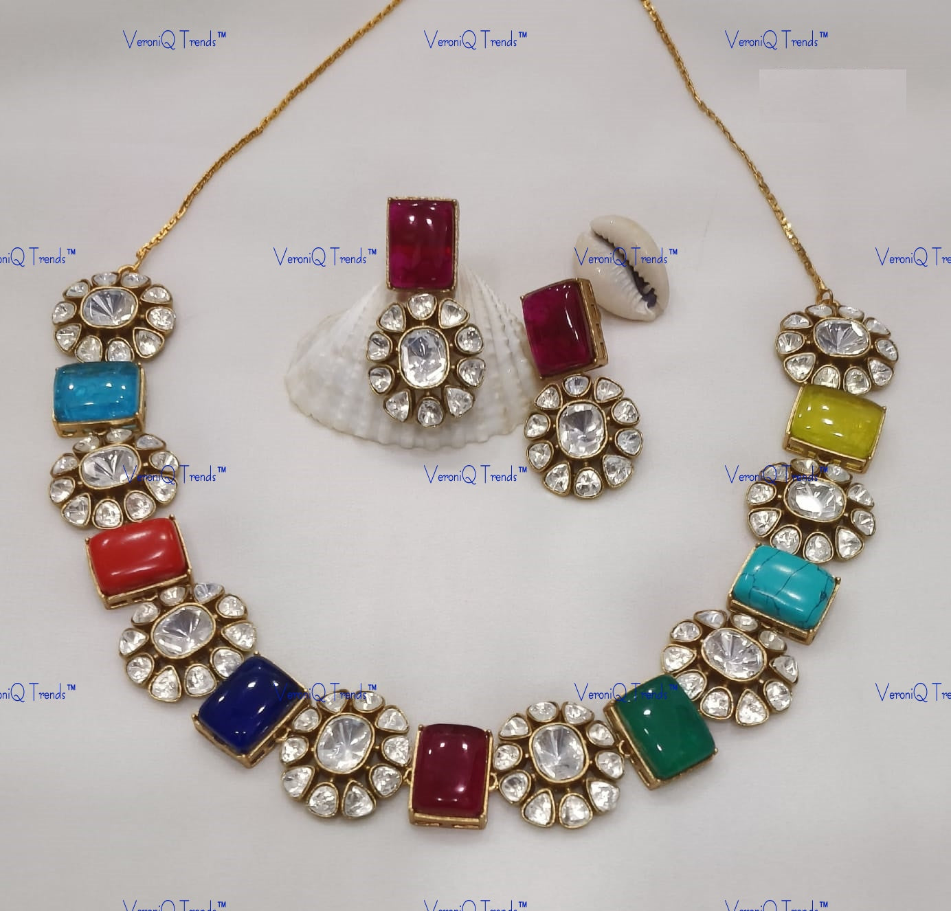 VeroniQ Trends-Navratan Polki Choker Necklace Polki-Gold Plated-Wedding Jewellery-Punjabi Jewellery-South Indian-Thappa Jewellery