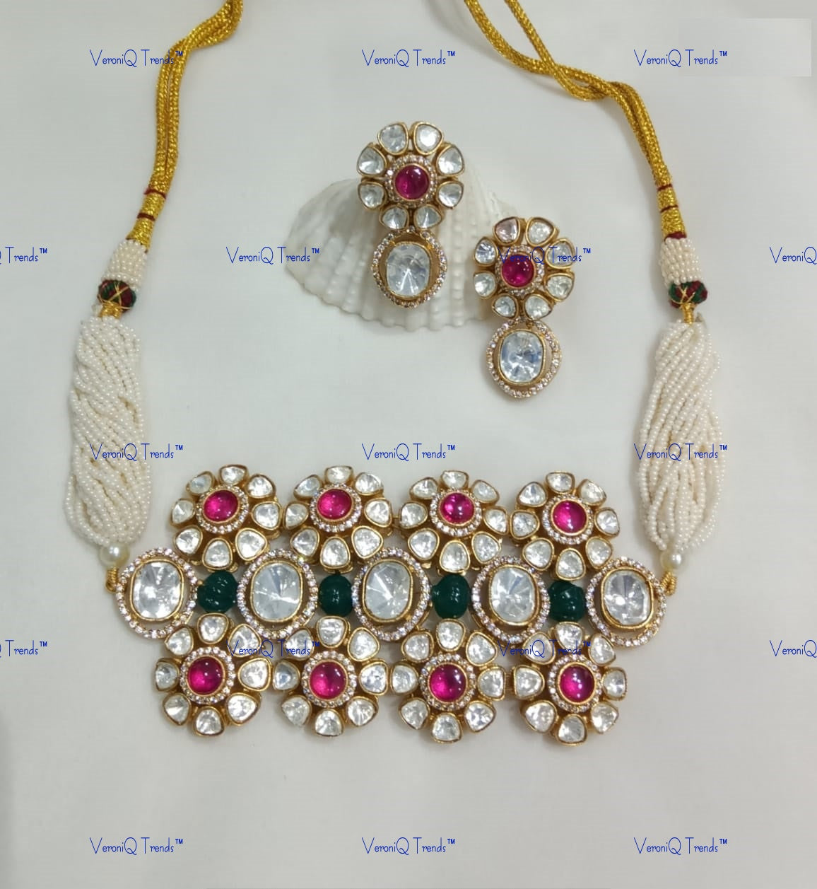 VeroniQ Trends-Ruby And Polki Choker Necklace Polki-Ruby Stone-Gold Plated-Wedding Jewellery-Punjabi Jewellery-South Indian-Thappa Jewellery