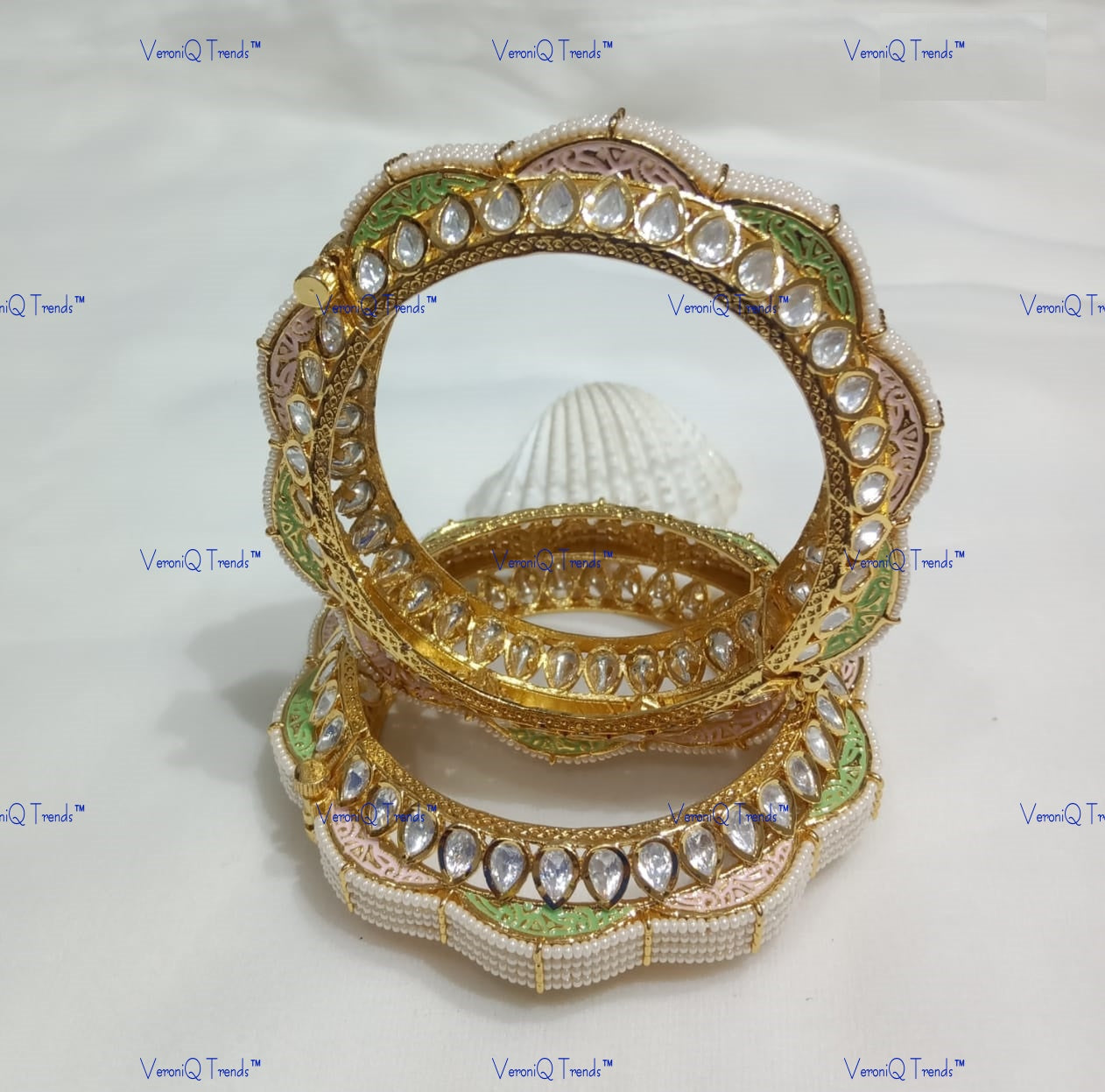 VeroniQ Trends-Bridal Pearl And Polki Bangles Polki-Gold Plated-Wedding Jewellery-Punjabi Jewellery-South Indian-Thappa Jewellery